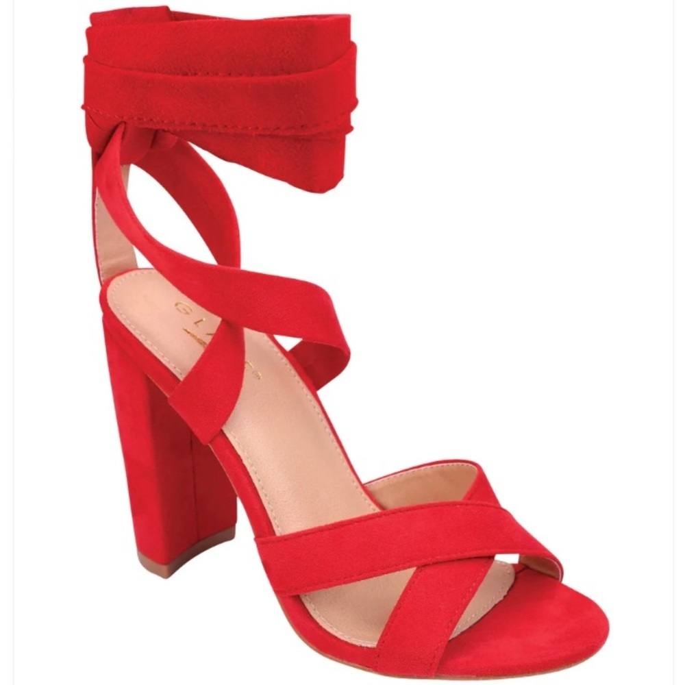 Bright red criss cross strappy ankle strap wrap high heel chunky sandals sz 6